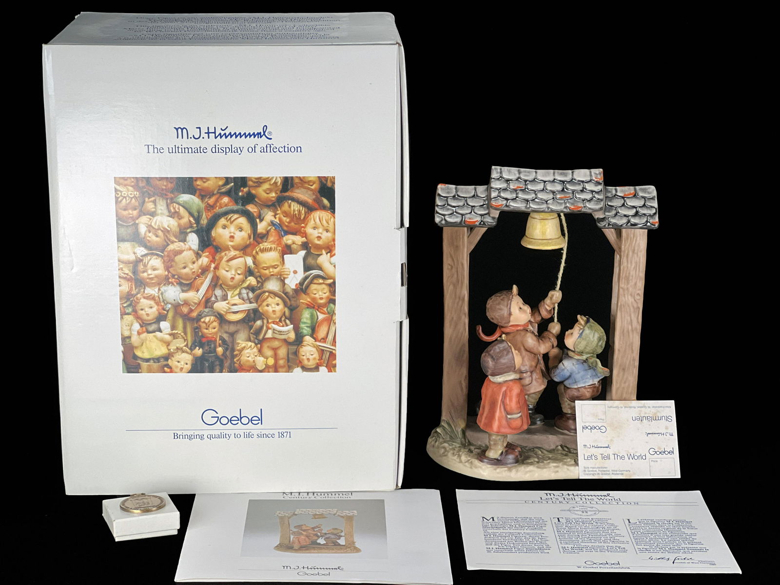 GOEBEL HUMMEL LET'S TELL THE WORLD IN BOX TMK-6: GOEBEL HUMMEL LET'S TELL THE WORLD IN BOX TMK-6 Complete in box with certificates and medallion. 11 1/2" X 15 1/4" X 7 3/4"