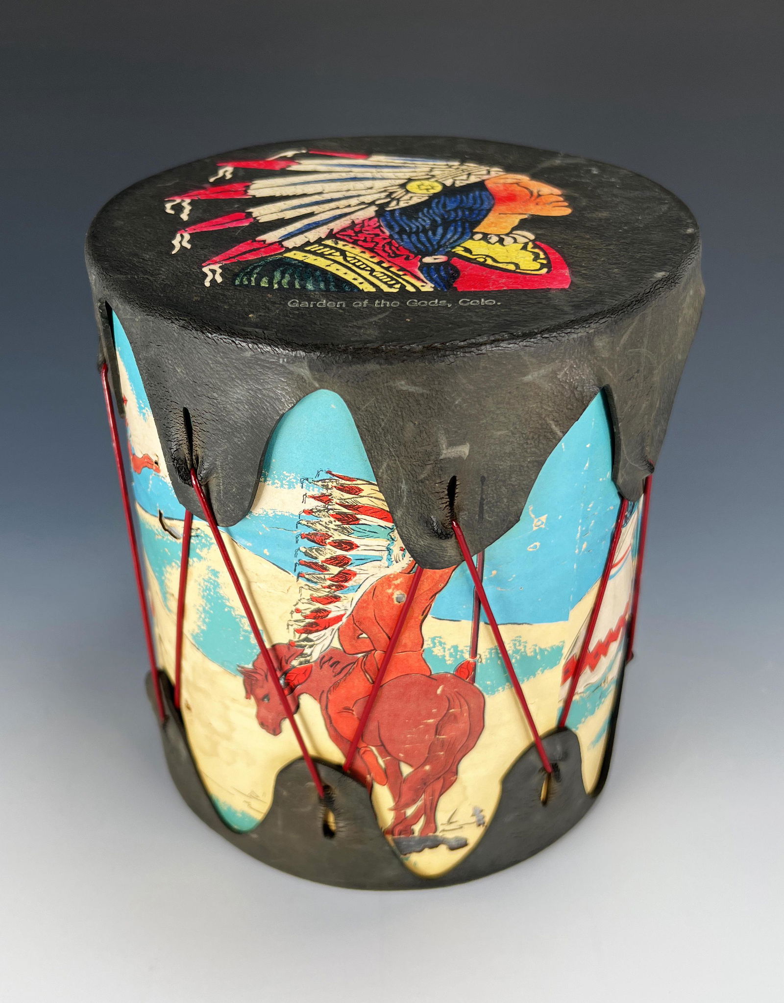 GARDEN OF THE GODS SOUVENIR DRUM: GARDEN OF THE GODS SOUVENIR DRUM Souvenir drum from Garden of the Gods, Colorado. 6 1/4" X 7 1/4" Shipping: