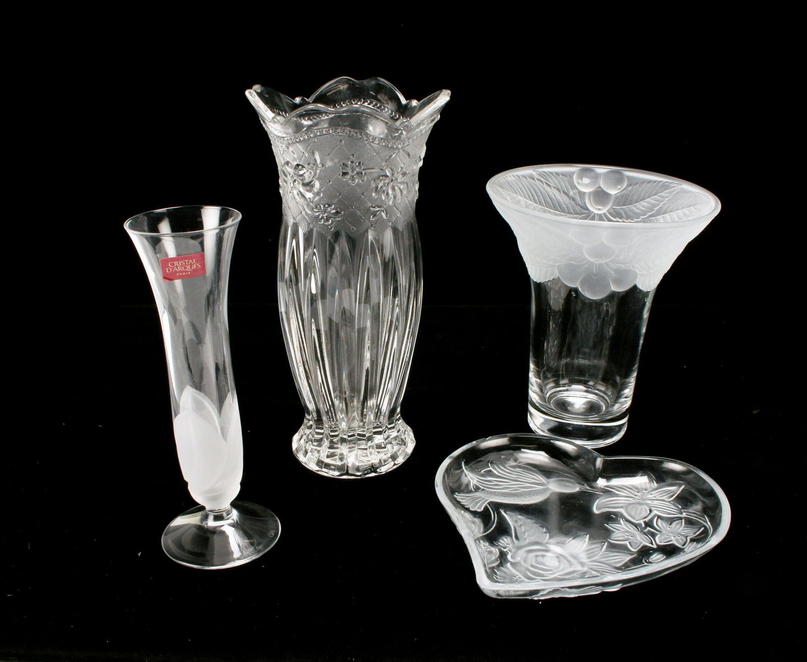 FROSTED & CLEAR GLASS & CRYSTAL VASES & DISH: FROSTED & CLEAR GLASS & CRYSTAL VASES & DISH Cristal D'Arques bud vase, pressed glass vase, frosted rim cherry pattern vase, and heart shaped roses dish.
