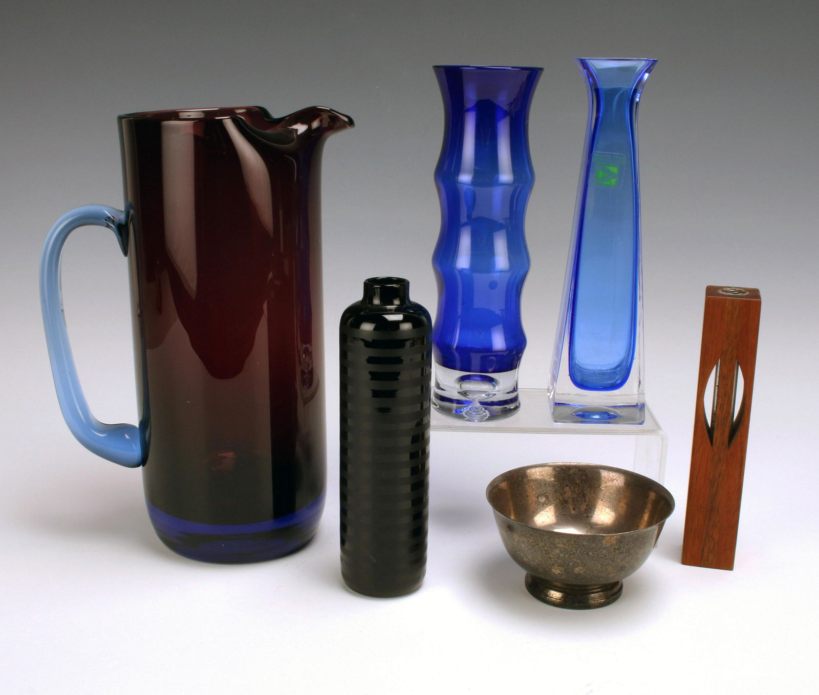 PURPLE, BLUE, BLACK GLASS PITCHER, VASES, SILVERPLATE, PEWTER (1 of 4)
