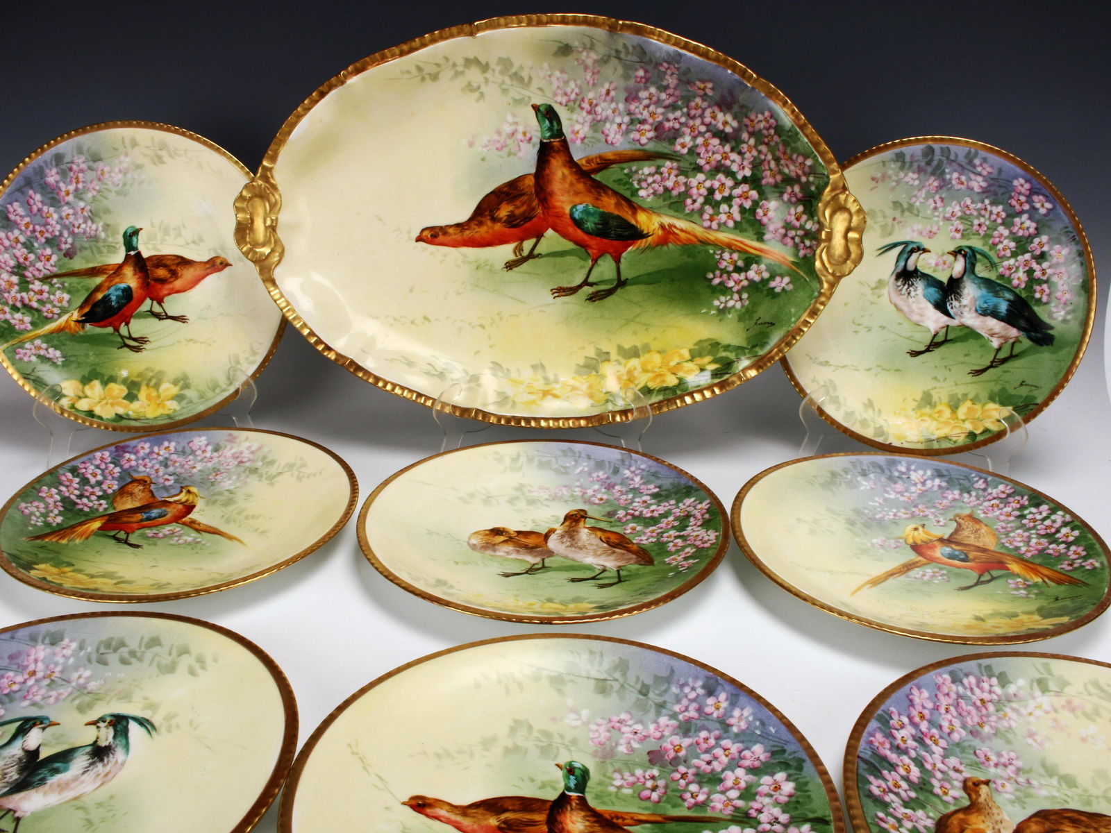 FINE ANTIQUE LIMOGES LS&S GAME BIRDS SET SIGNED (1 of 10)