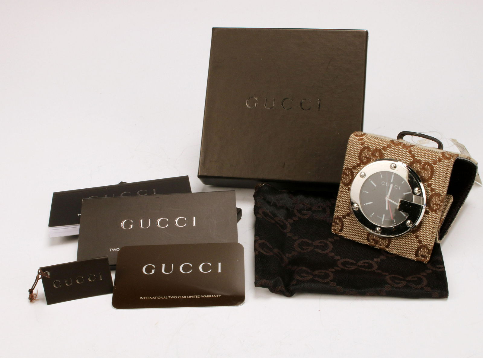 GUCCI GG CANVAS & BROWN LEATHER TRAVEL ALARM CLOCK IN BOX (1 of 5)