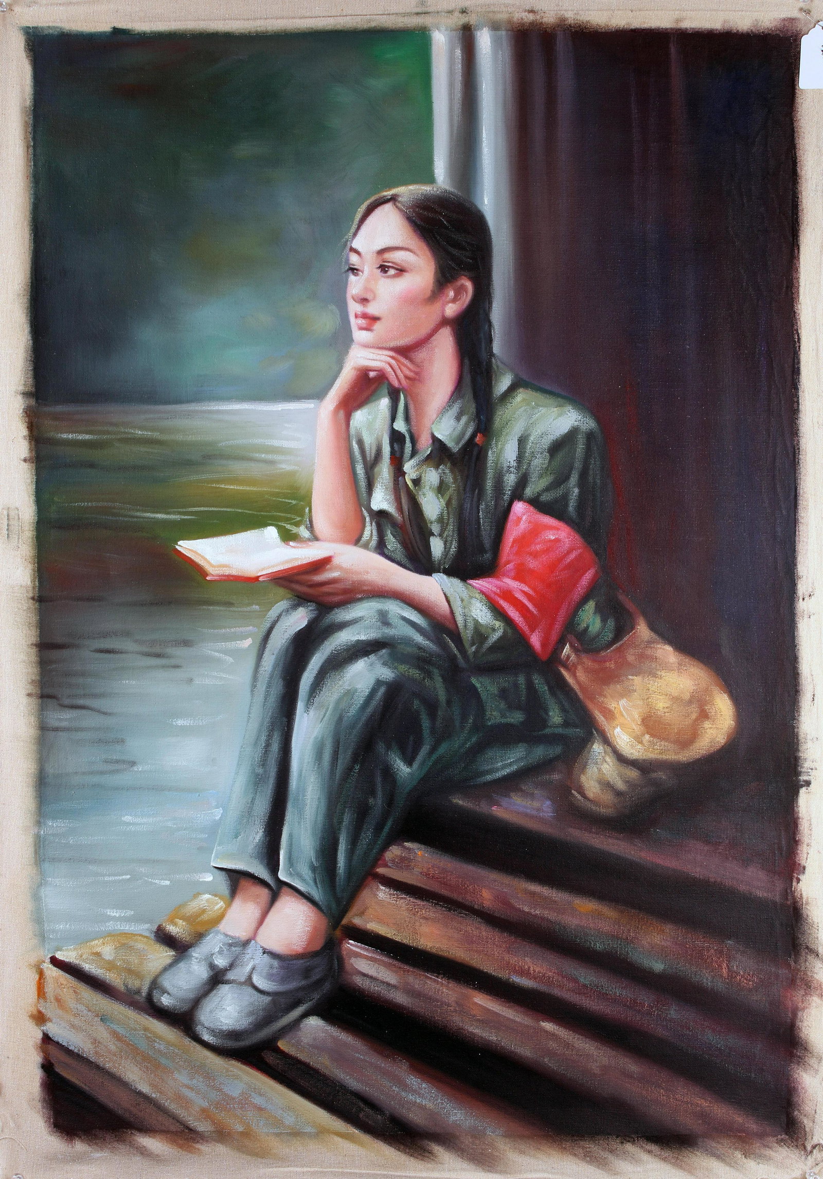 CHINESE GIRL WITH BOOK OIL ON CANVAS: CHINESE GIRL WITH BOOK OIL ON CANVAS She is sitting next to the water, deep in thought, with her open Little Red Book in her hand. Her satchel rests next to her on the dock. *h