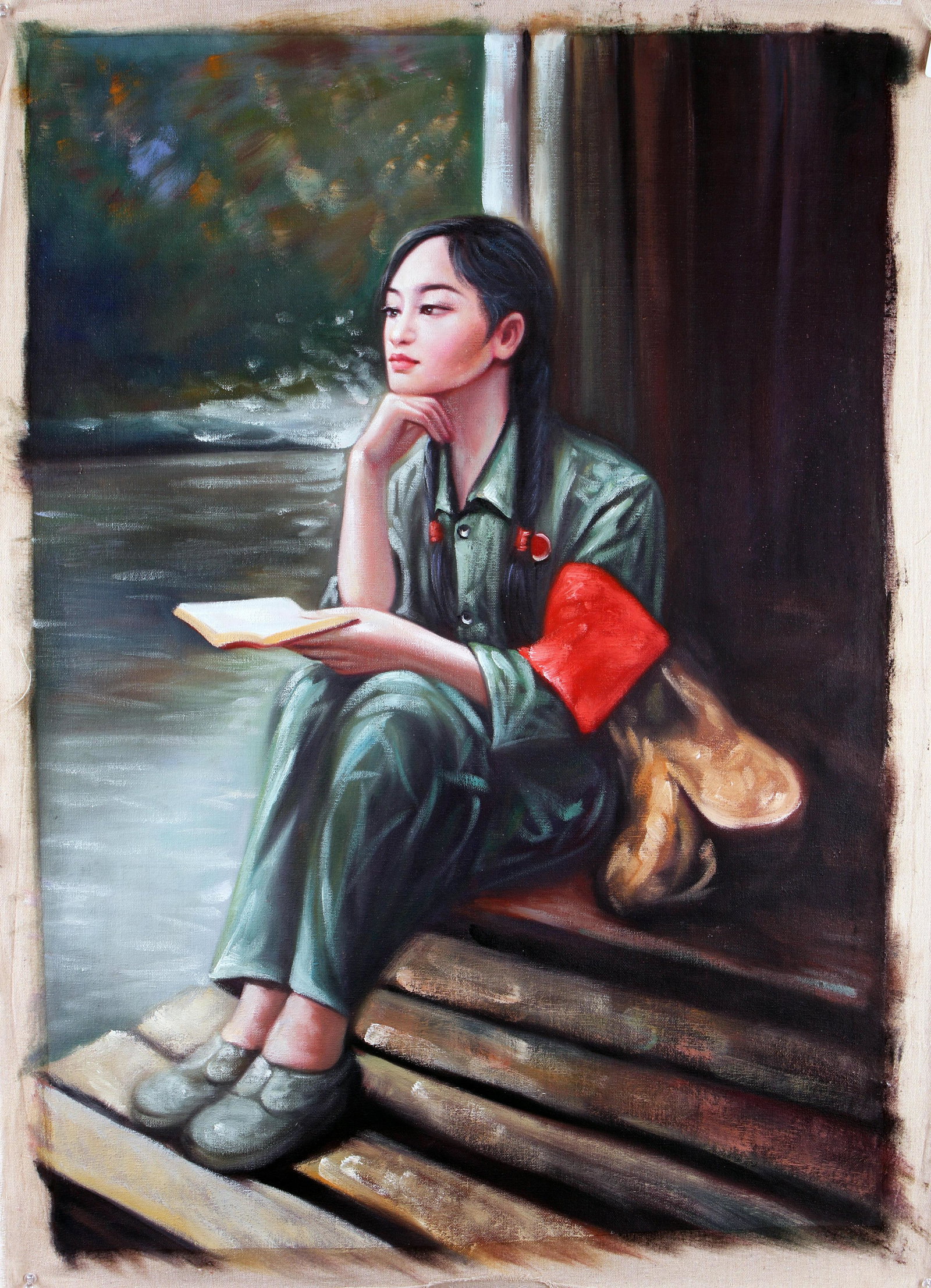 SITTING REVOLUTIONARY GIRL WITH BOOK ON CANVAS: SITTING REVOLUTIONARY GIRL WITH BOOK ON CANVAS She is sitting next to the water, deep in thought, with her open Little Red Book in her hand. Her satchel rests next to her on the dock.