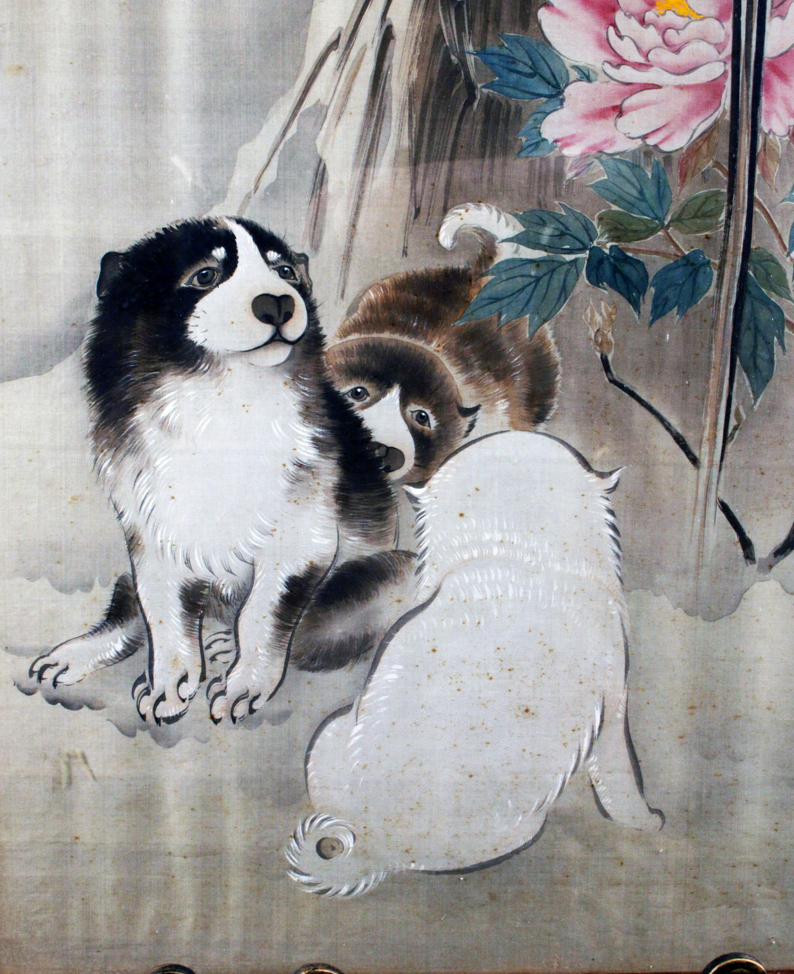 CHINESE PAINTING OF PUPPIES AND & PEONY IN A GARDEN (1 of 5)