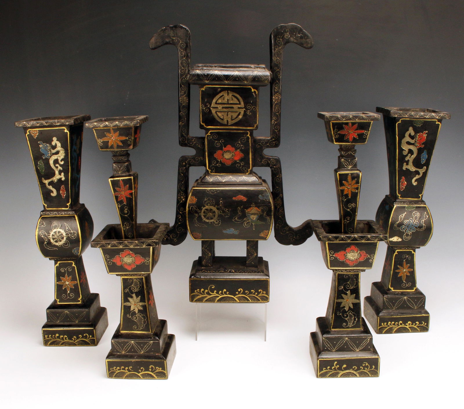 CHINESE LACQUER ALTAR SET CANDLESTICK HOLDER CENSER (1 of 8)