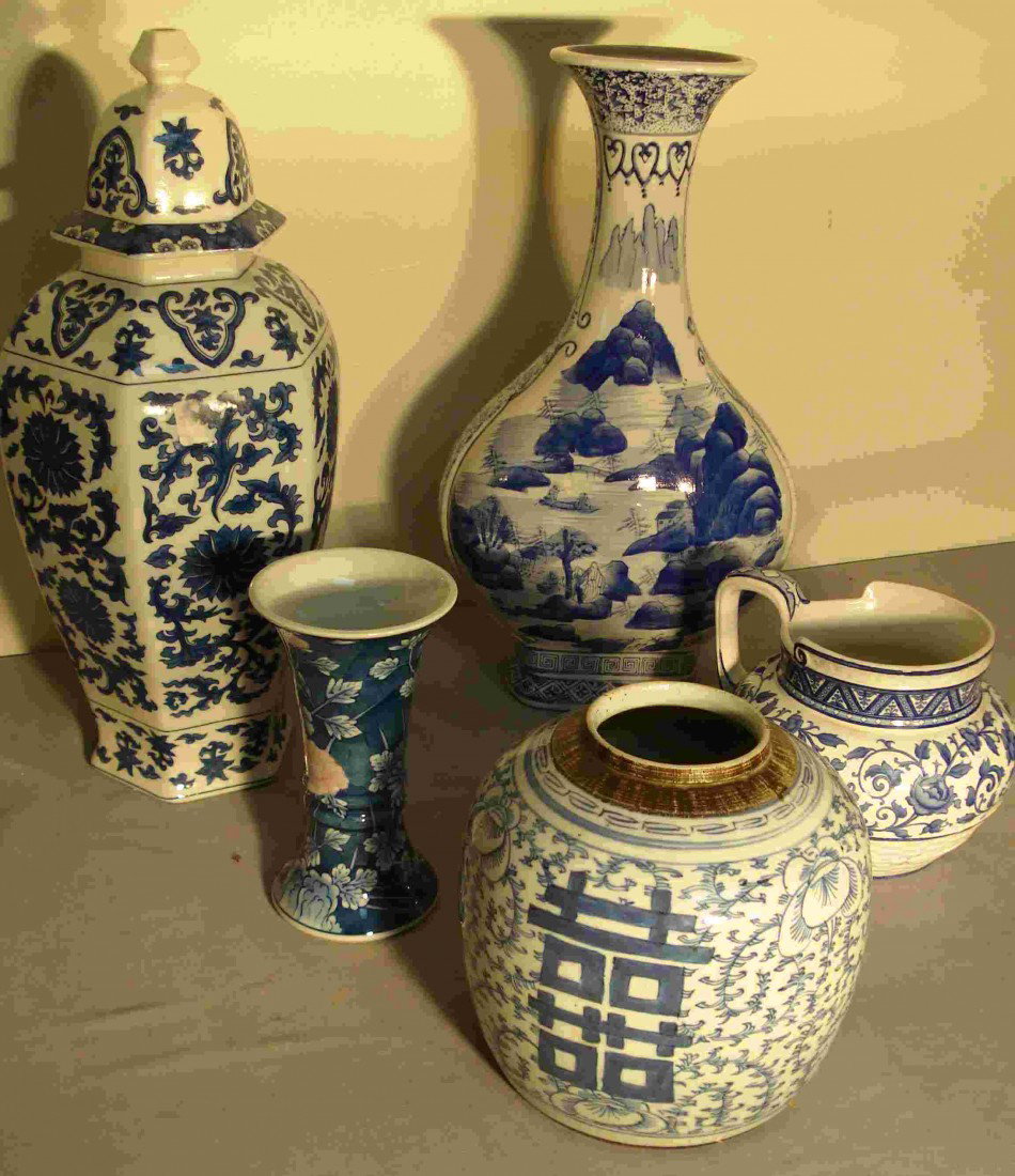Chinese Style Blue And White: Five items: including A lidded blue and white vase(about 18"), an open top baluster shaped vase (about 18"), a smaller trumpet shaped vase, a water pitcher signed Sarreguemines and an 18th or 19th cen