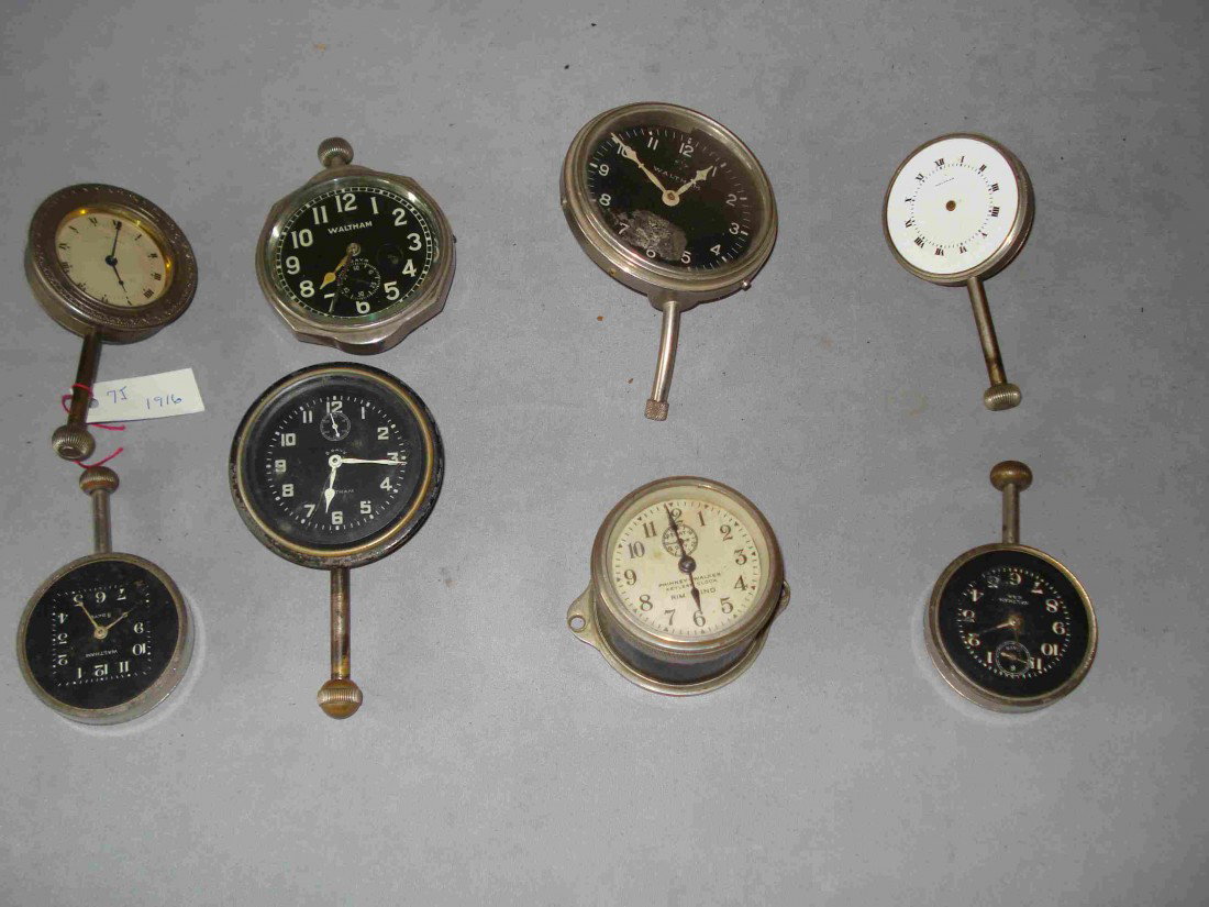 Eight Car Clocks: Eight early 20th century car clocks manufactured by various American and European makers.