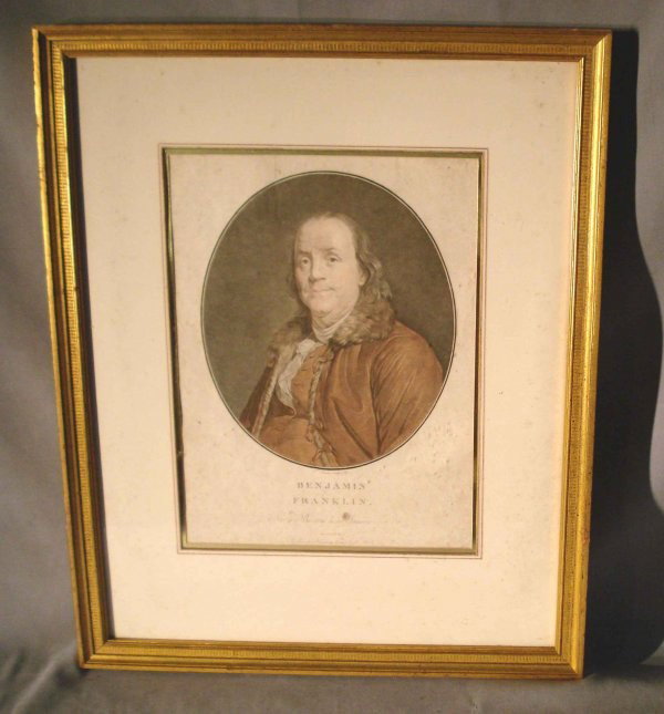Benjamin Franklin By Janinet: A colored framed 21 1/2" X 17 1/2" print by Jean-Francois Janinet, 1789, signed LC: "A Paris chez Janinet Rue Dante feuille No 3". Scattered, mild toning and foxing with a rubbed area lower right. Not