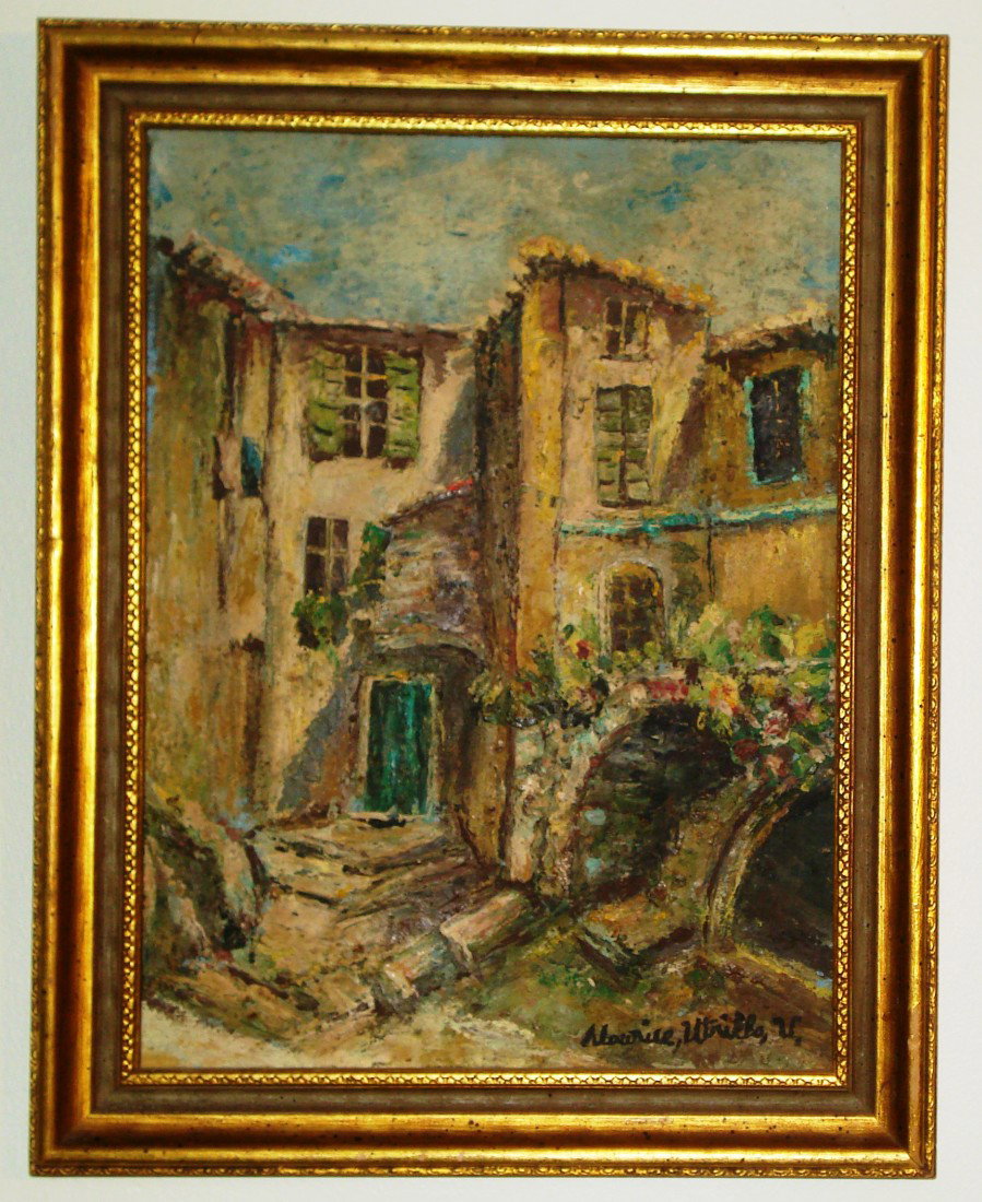 Oil On Canvas Of Street Scene.: An oil painting on board measuring a sight of 13" X 9 1/2" within a gold leaf frame with a spurious signature lower right: "Maurice Utrillo". Not removed from the frame.