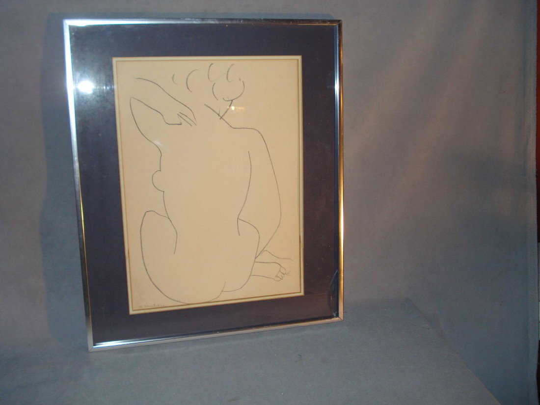 Pencil Sketch: Framed pencil drawing of the back of a nude signed "Matisse". While it is certain this drawing signed is not authentic, it does appear to be an original pencil sketch and would make an interesting hig