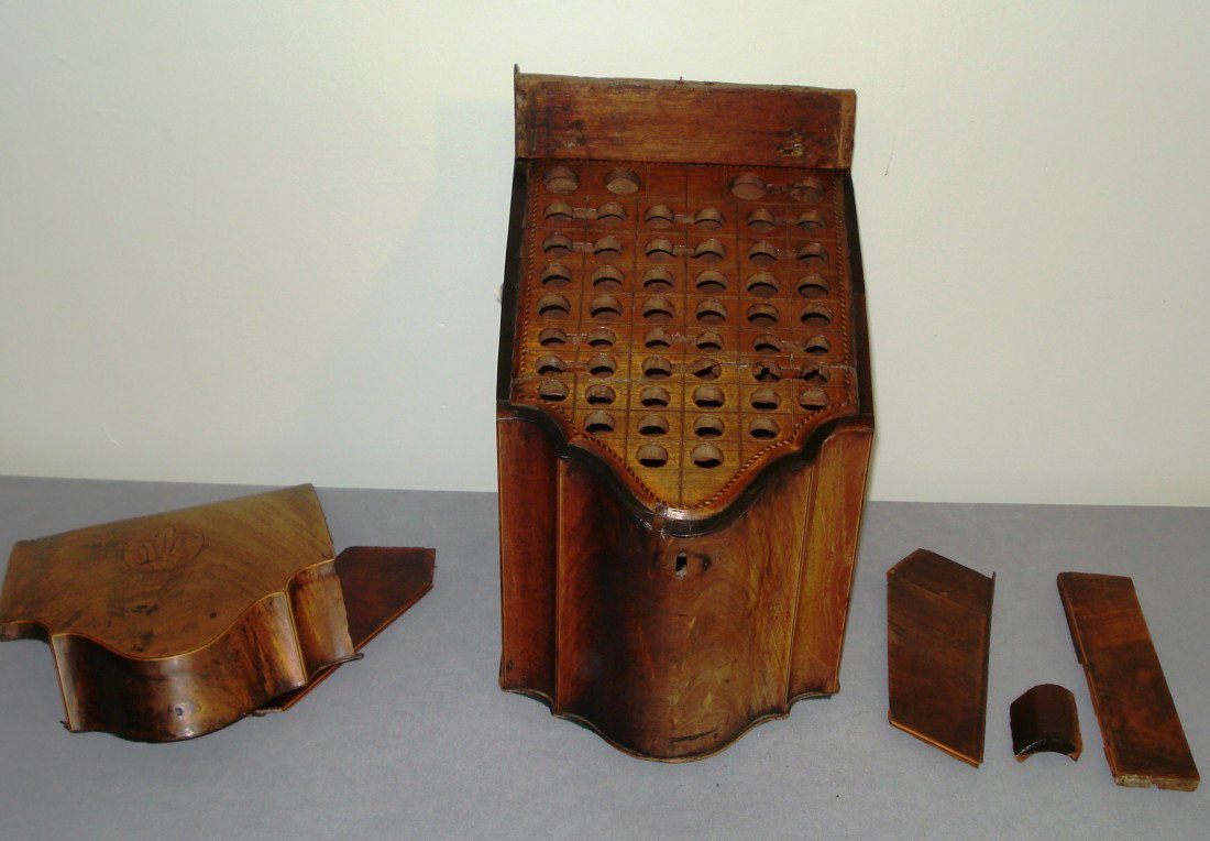 Knife Box: A inlaid early 19th century knife box. The box in pieces, but complete for restoration and includes a silver serving spoon inside the utensil rack.