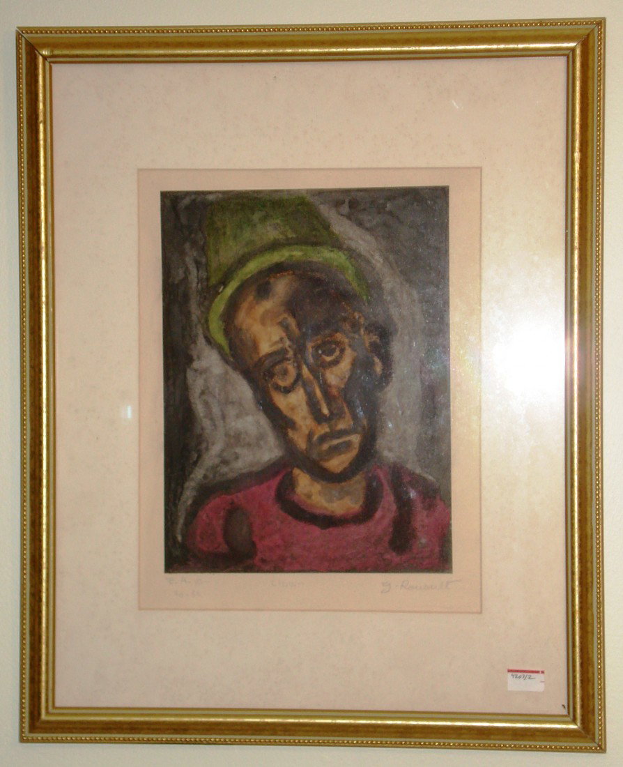 Print "Clown" By G. Rouault: This in a gold leaf frame with masked margins, the site being 12" X 8 3/4", the print being 16 1/2" X 14", and in pencil, lower left to right: "EA 10; ED 50", "CLOWN", and "G. Rouault".