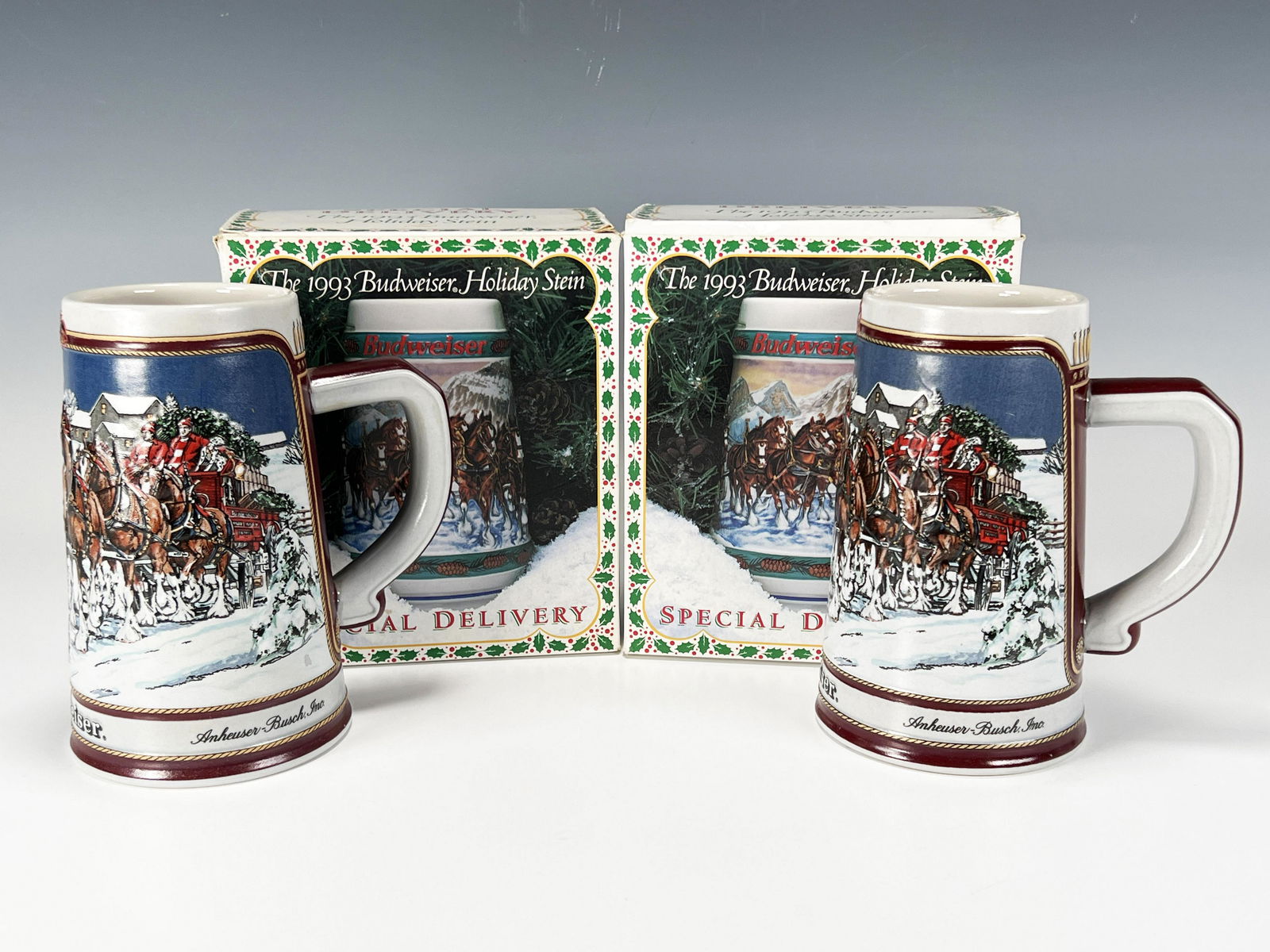 TWO 1993 BUDWEISER HOLIDAY STEINS IN BOX (1 of 7)
