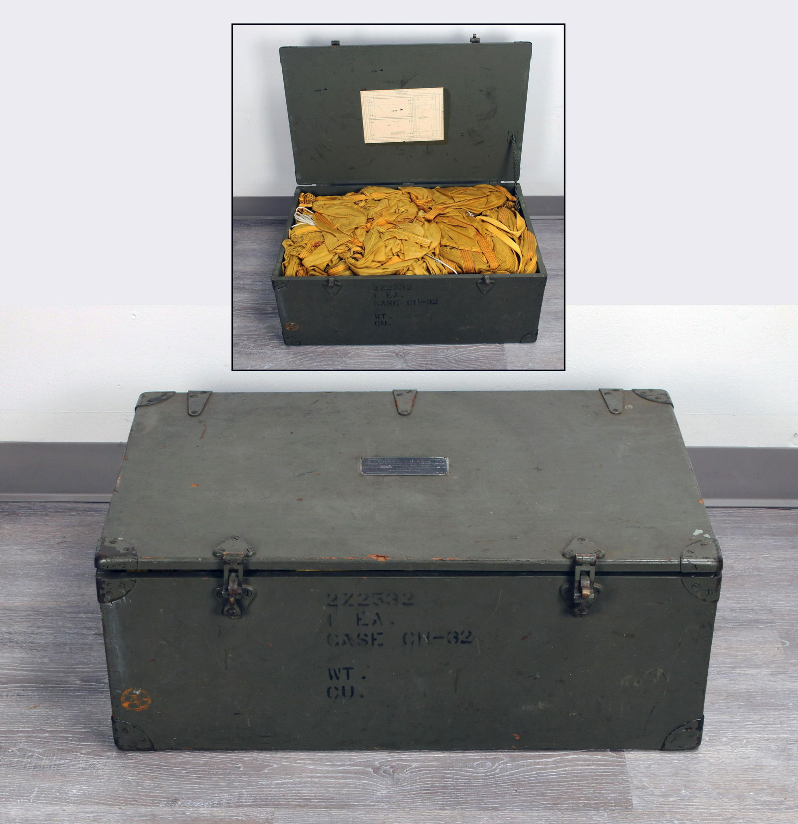 MILITARY PARACHUTES IN STORAGE LOCKER TRUNK (1 of 8)