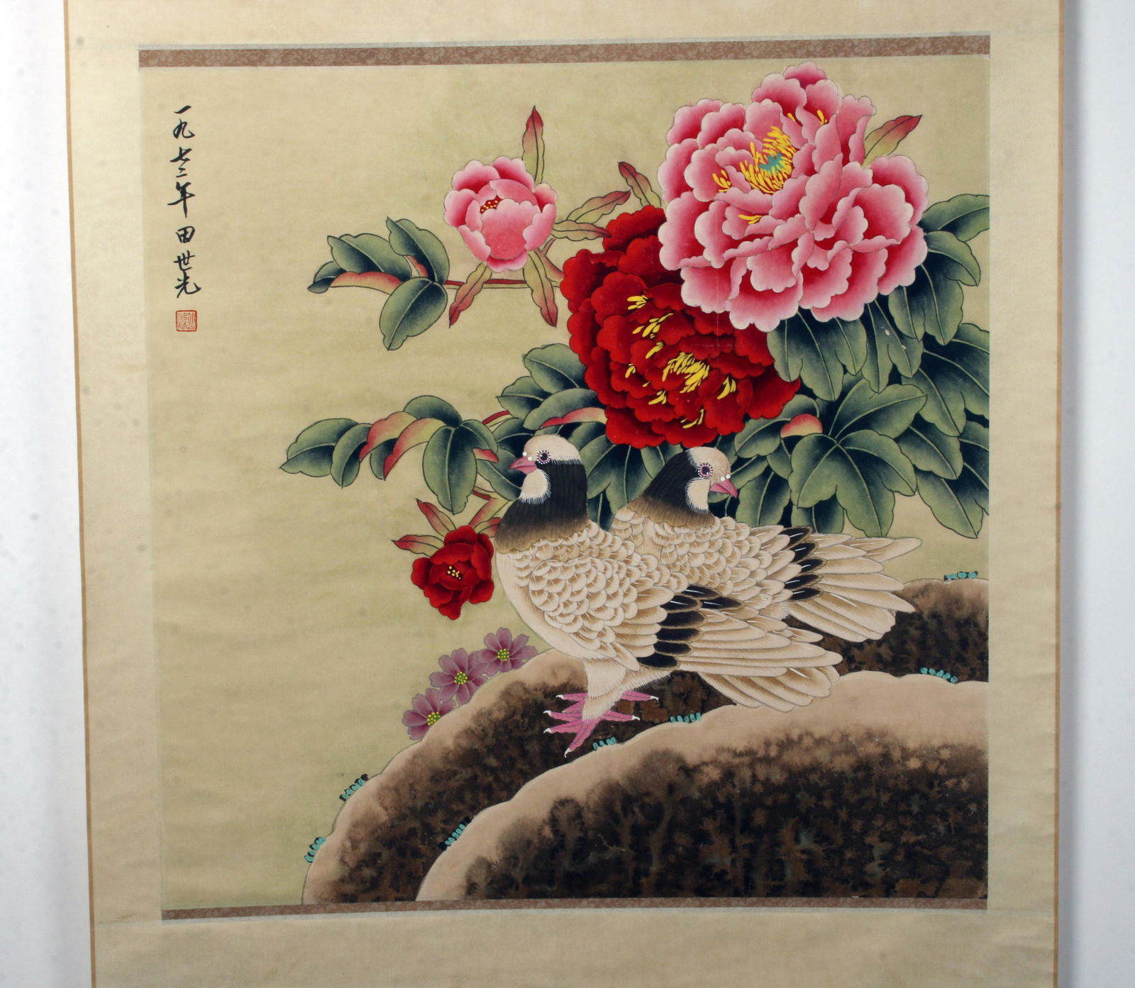CHINESE SCROLL OF PIGEONS & COLORFUL FLOWERS: CHINESE SCROLL OF PIGEONS & COLORFUL FLOWERS Bright pink and red flowers bloom by two pigeons seeking out caterpillars t