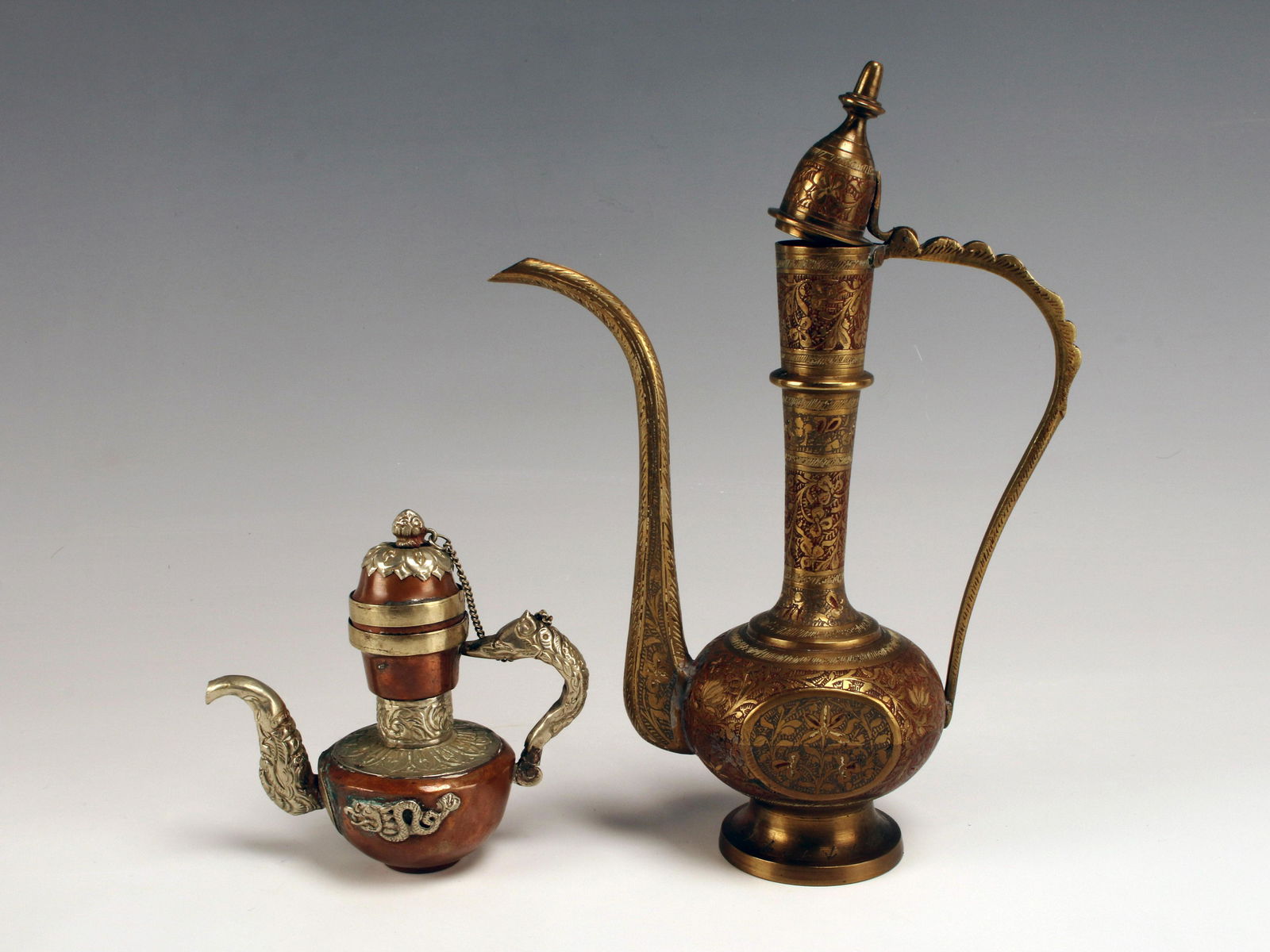 TWO INDIAN METAL DALLAH TEAPOTS (1 of 12)