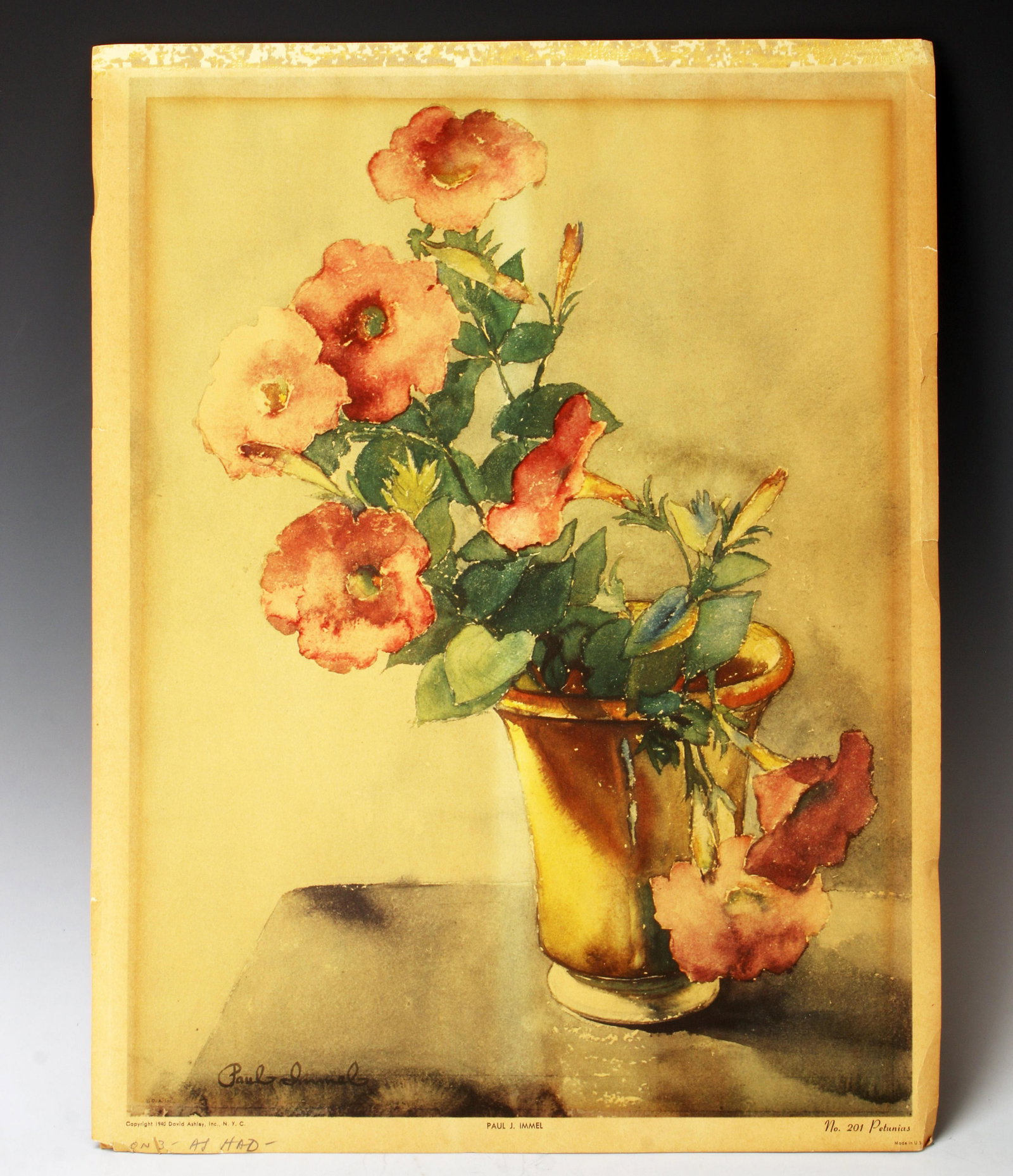 NO. 201 PETUNIAS BY PAUL J. IMMEL PRINT: NO. 201 PETUNIAS BY PAUL J. IMMEL PRINT A vase sits on a table filled with pink petunia and green leaves. Signed lower left. 13" X 17" <
