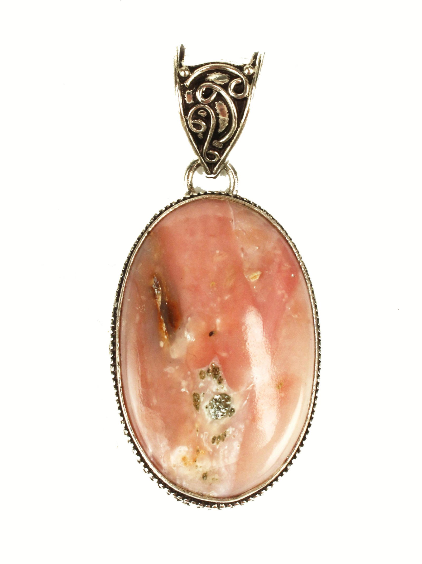 POLISHED RHODOCHROSITE & STERLING PENDANT: POLISHED RHODOCHROSITE & STERLING PENDANT In wide decorative wire work bezel and bale, Weight 14g 1 1/2"