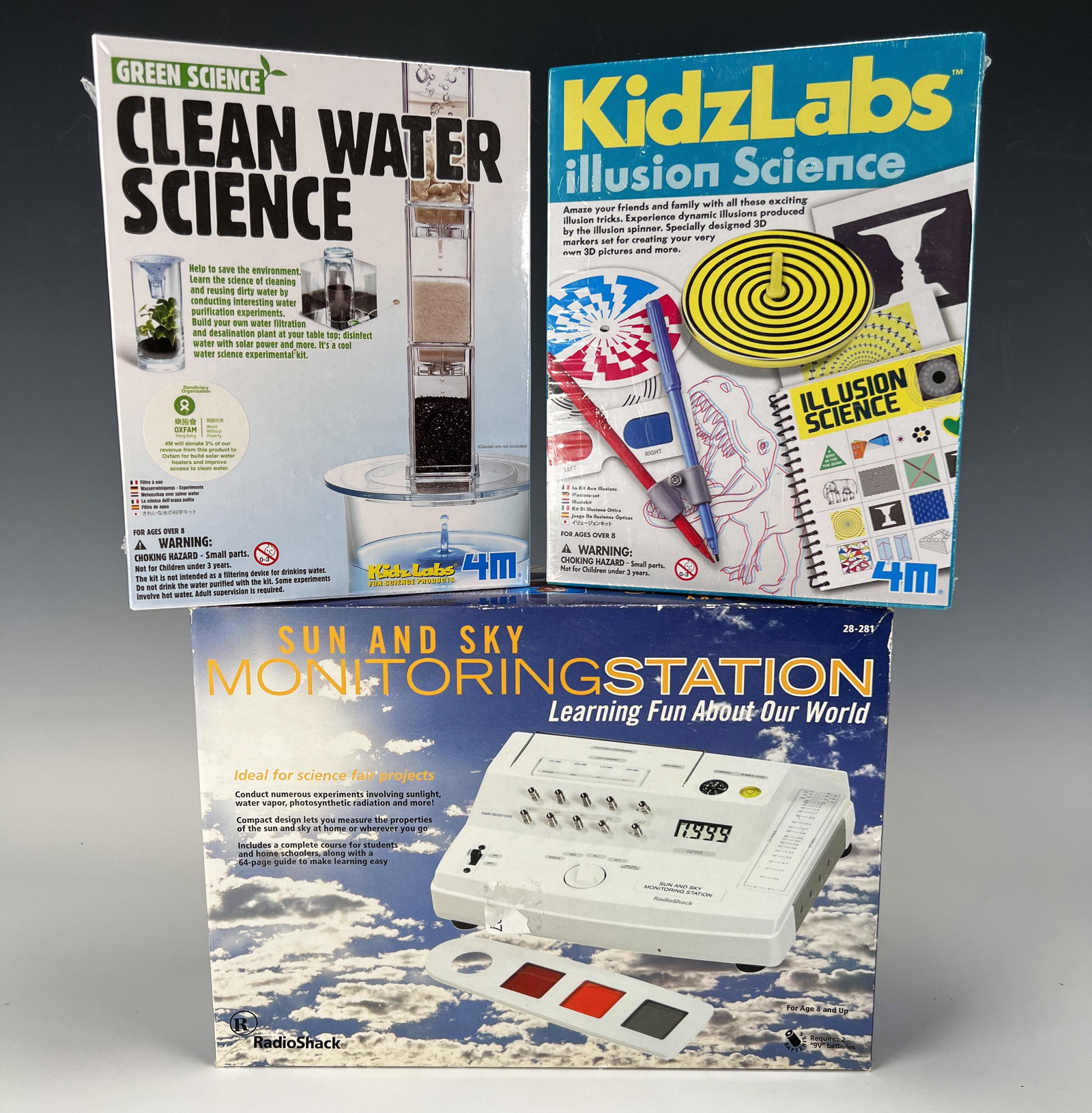 NIB KIDS SCIENCE LEARNING TOYS: NIB KIDS SCIENCE LEARNING TOYS Clean Water Science, KidzLabs, and Sun and Sky Monitoring Station. Clean Water and KidzLabs sealed. 8 1/4" X 11 3/4&quo