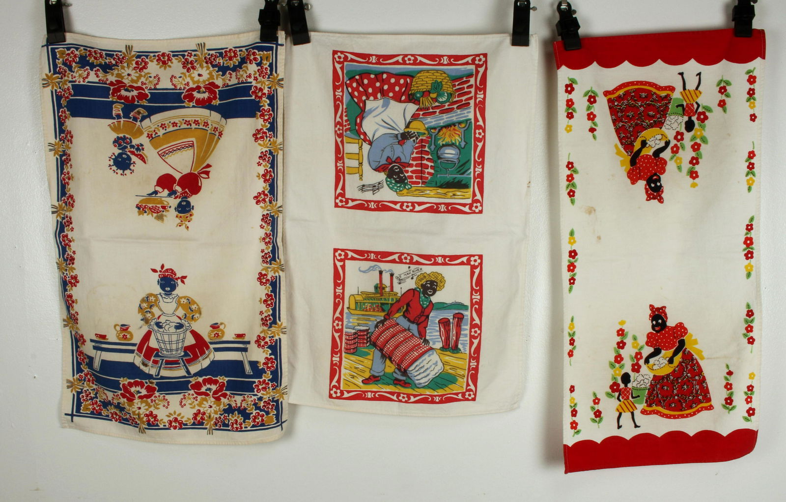 3 BLACK AMERICANA DISH TOWELS COTTON THEMED: 3 BLACK AMERICANA DISH TOWELS COTTON THEMED Vintage dish towels in the them of cotton: Old Man River,
