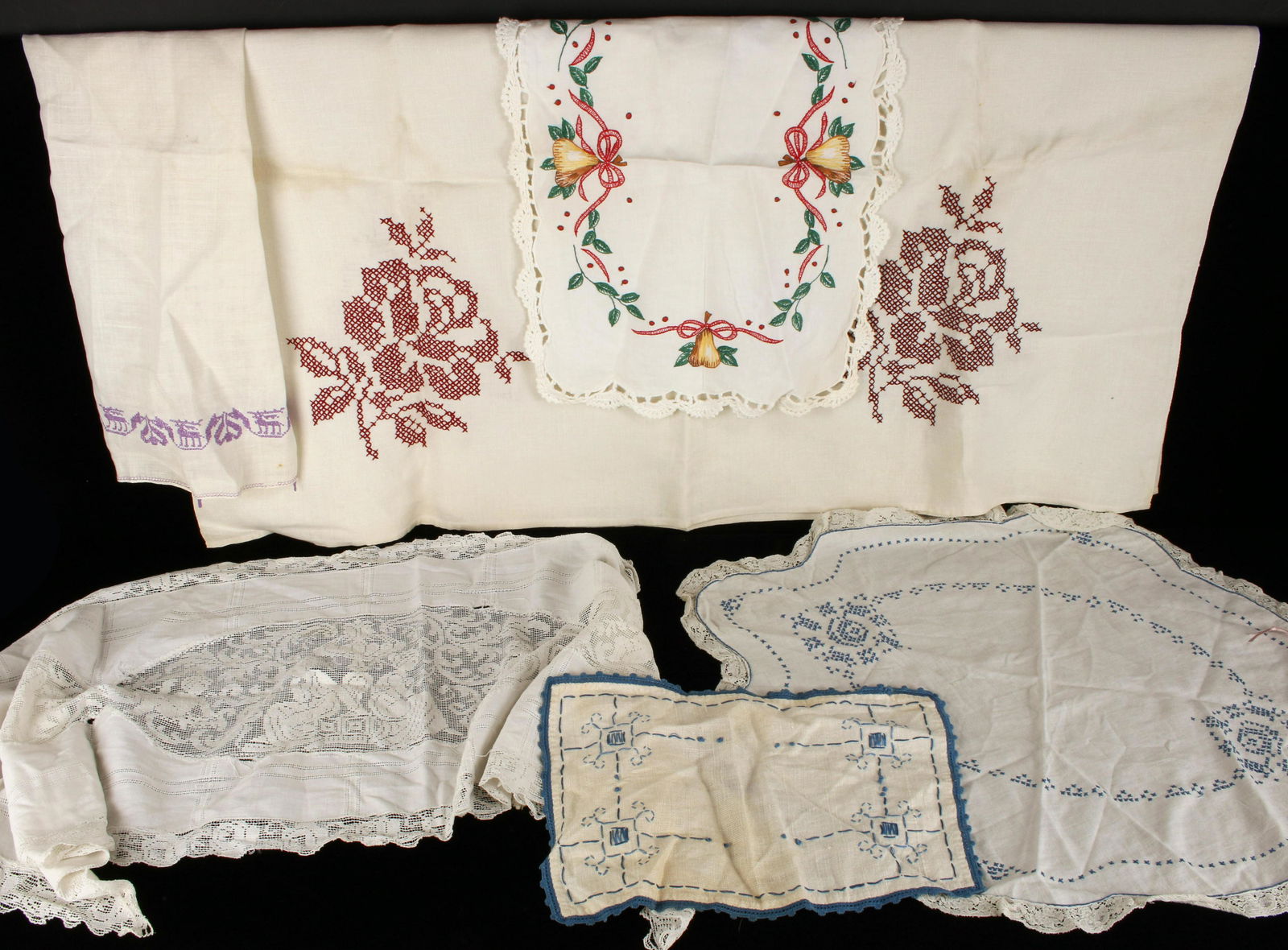 VINTAGE LINENSTABLECLOTH DOILIES: VINTAGE LINENSTABLECLOTH DOILIES Cross stich rose tablecloth and towel, Christmas pear doily Shipping: Shipping and handling in the co