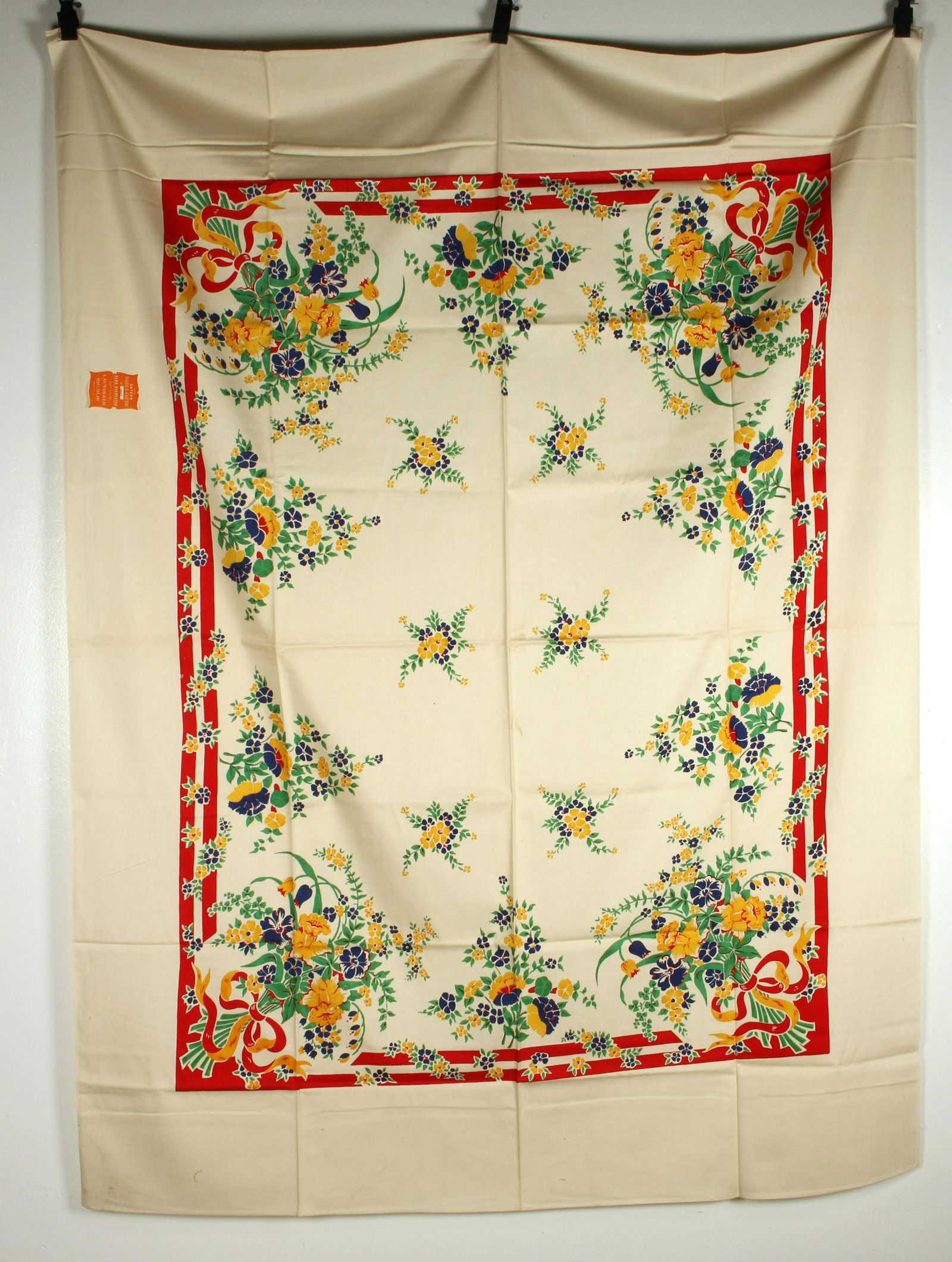 1950â€™S VINTAGE COTTON SATEEN FLORAL TABLECLOTH: 1950&RSQUO;S VINTAGE COTTON SATEEN FLORAL TABLECLOTH Yellow and blue flower pattern and red borders. With original tags.
