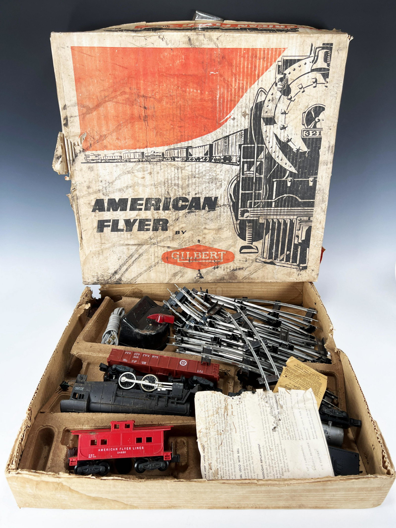 AMERICAN FLYER MODEL TRAIN IN BOX: AMERICAN FLYER MODEL TRAIN IN BOX American Flyer Model Train in Box. Untested, incomplete. Box has damage see photos. 21" X 20"