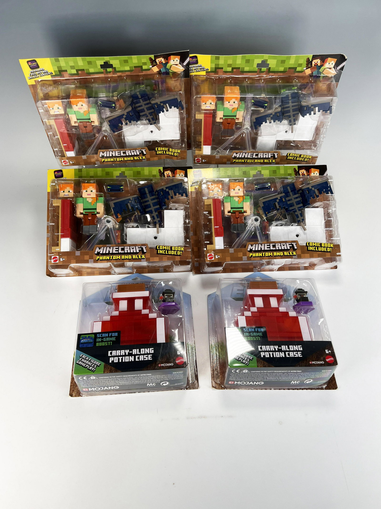 MATTEL MINECRAFT TOYS IN PACKAGE: MATTEL MINECRAFT TOYS IN PACKAGE Four packages of Phantom and Alex, new in package. Dated 2018. Two Minecraft Earth Carry-Along Potion Case, new in package.