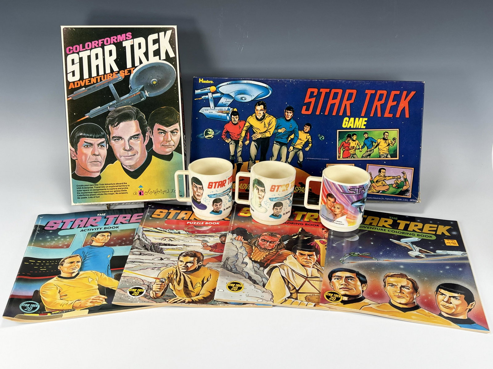 VINTAGE STAR TREK COLLECTIBLES COLLECTION: VINTAGE STAR TREK COLLECTIBLES COLLECTION Star Trek Action and Adventure in Outer Space board game, complete. Colorforms Star Trek Adventure Set, great condition. Star Trek Activity Bo