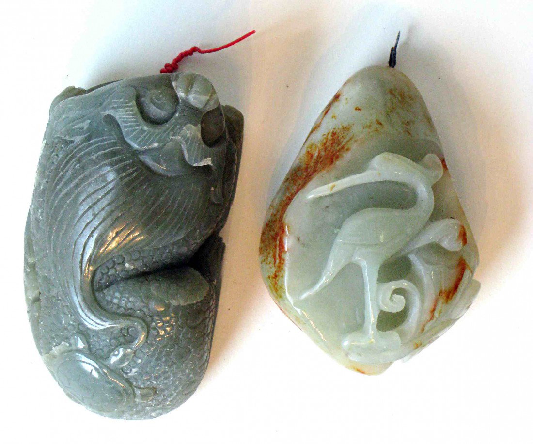 Two Carved Jade Items: Each about 3 1/2", includes a fish towing a turtle and a heron.