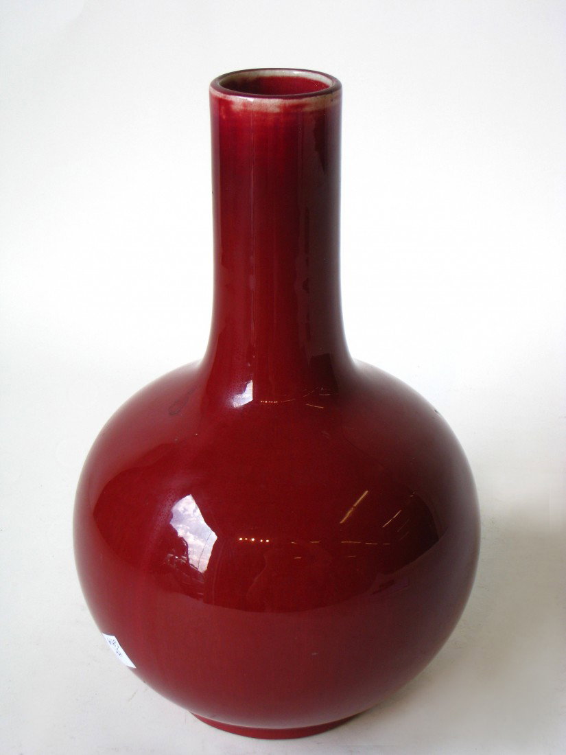 Ox Blood Red Vase: This 11" vase in the red glazed has a long stem, With a long stem