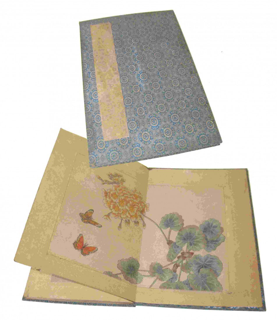 Scroll Book: Contains eight calligraphy and birds in water color, each approximately 9 1/2" X 12 1/2" and with a fitted wooden carry box with pasted on calligraphy.