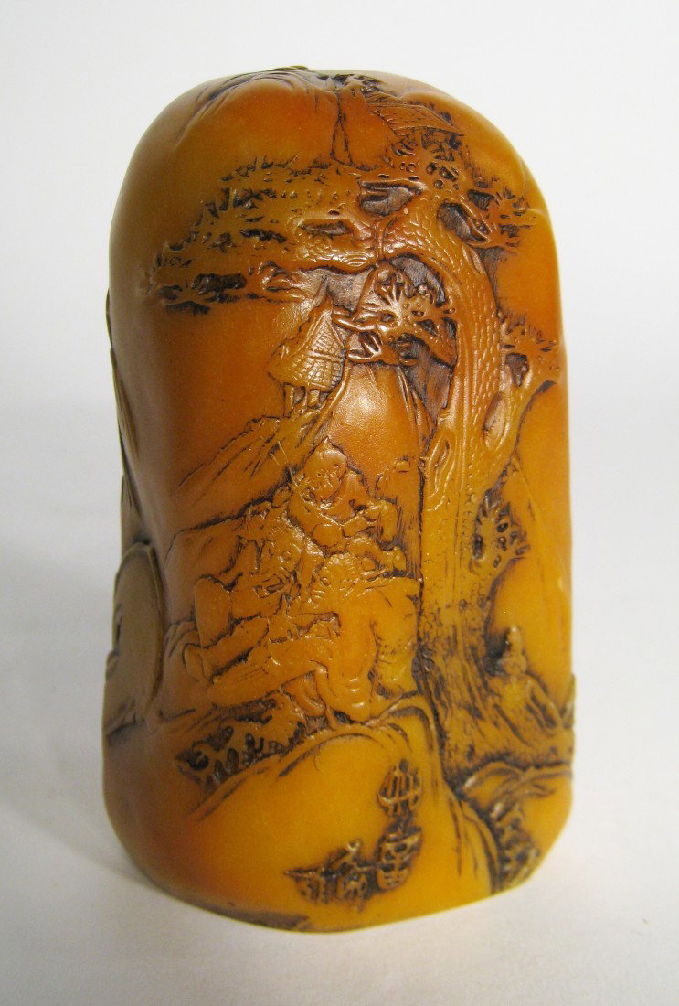 Antique Soapstone Item: A well carved 5" standing hardstone item, probably soapstone, with a man crossing a bridge in a mountainous landscape.