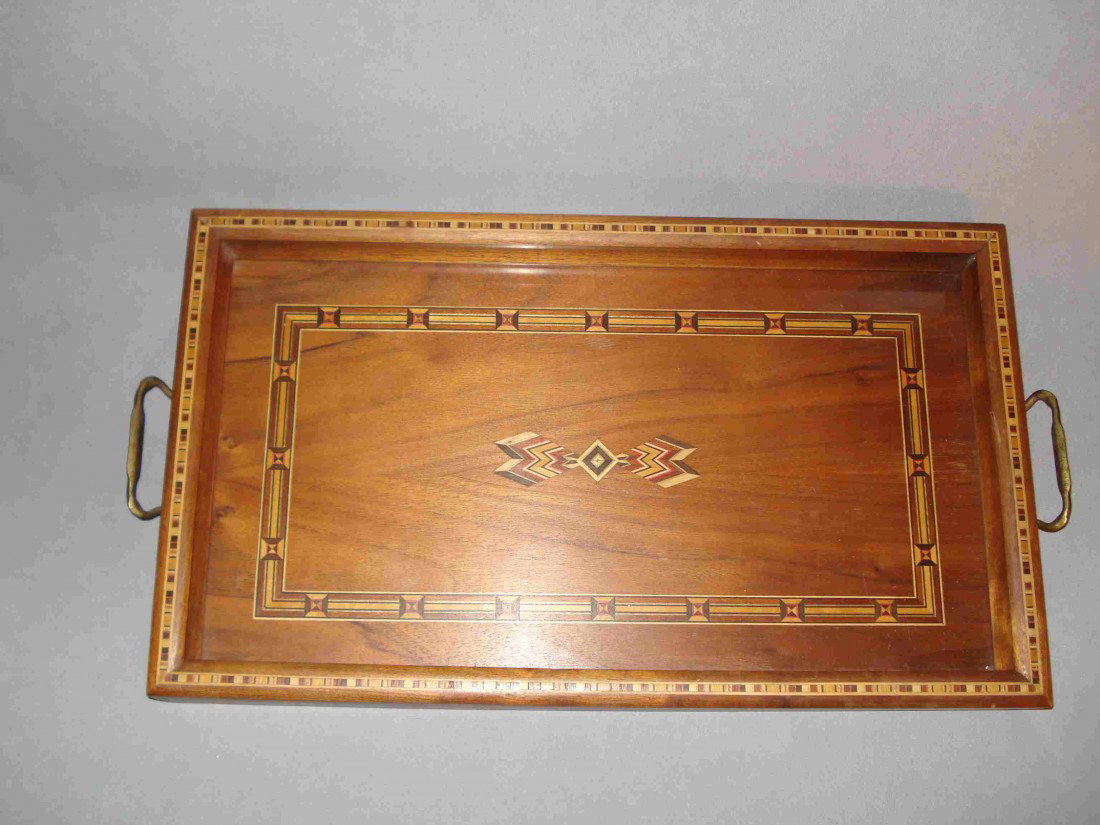 Inlaid Tray From Gettysburg, Pennsylvania: With a protective glass cover and labeled "Made by E F Larson, Gettysburg, PA" , 11" X 21" In overall very good condition apparently hand made.