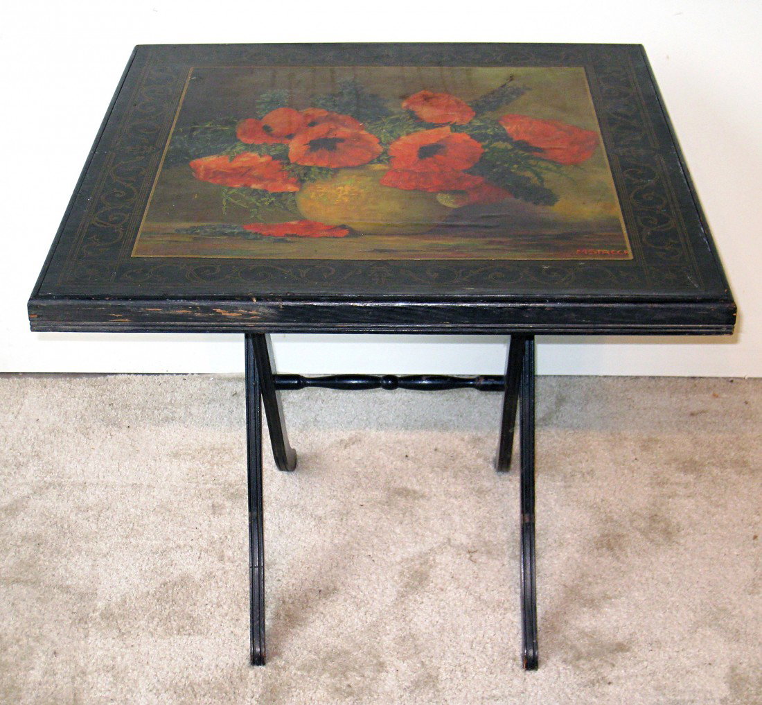 Card Table: A folding card table and fireplace screen, 30" square, with a print of red flowers on top,.