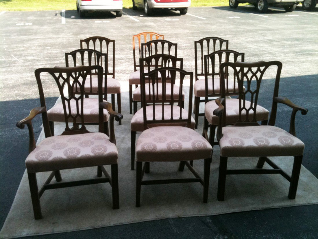 10 Hepplewhite Style Chairs: Eight side chairs and two arm chairs, with a mix of two different styles.