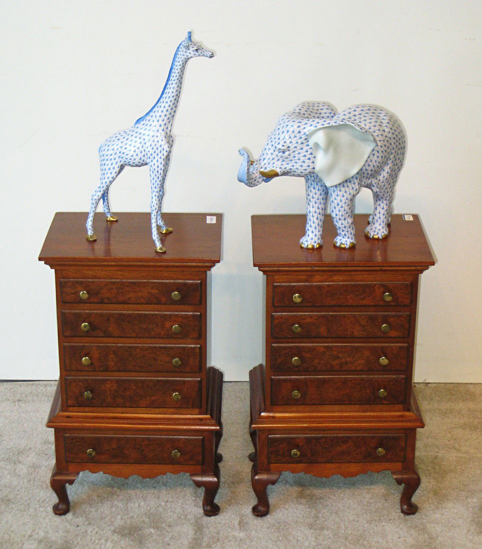 Miniature Highboy End Tables: Pair end tables in form of miniature highboys with working drawers, etc. Each being 21" X 8 1/2" X 12". (Herrand porcelain not included)
