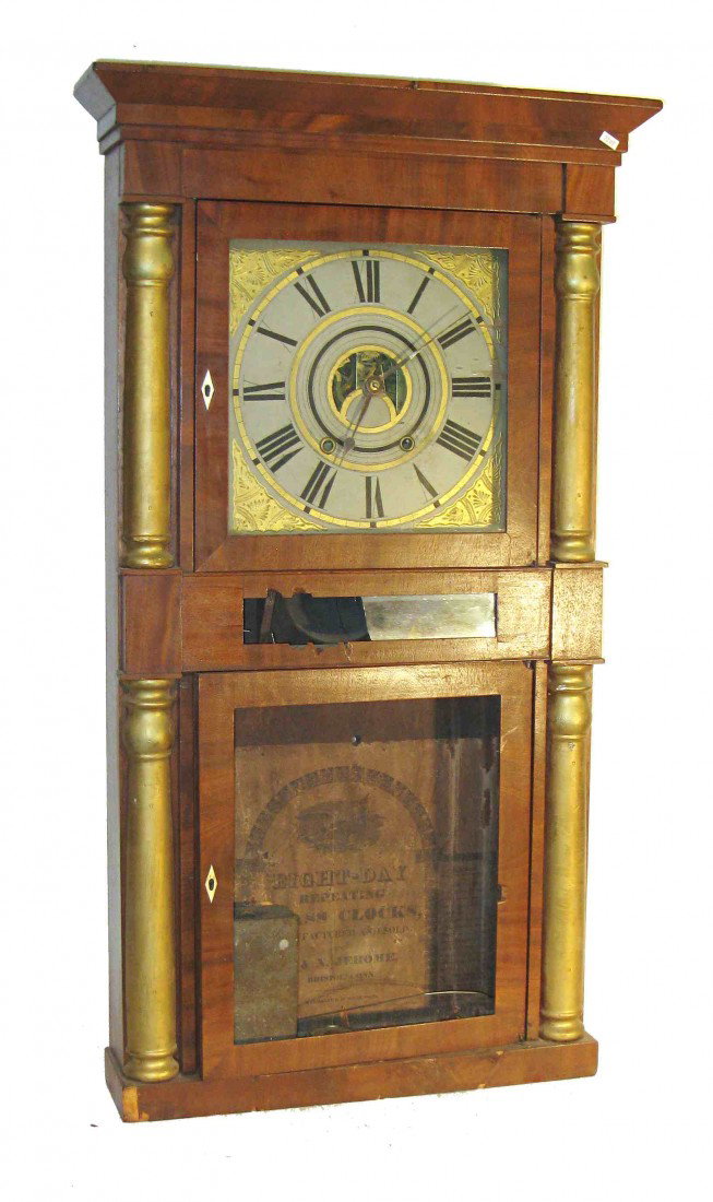 Shelf Clock By Jerome: Mahogany cased with reverse painted panels, and with a rack and snail strike arrangement.
