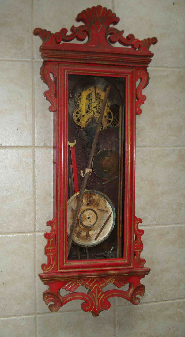 American wall clock: A 19th century American wall clock in "as found" condition. The case obviously painted red and partially disassembled, but strip the red out, have the dial restored, clean and repair the clock, instal