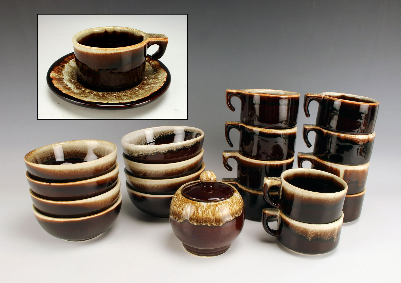 USA, PFALTZGRAFF BROWN DRIP GLAZE BOWLS & SOUP CUPS WITH SAUCERS (1 of 8)