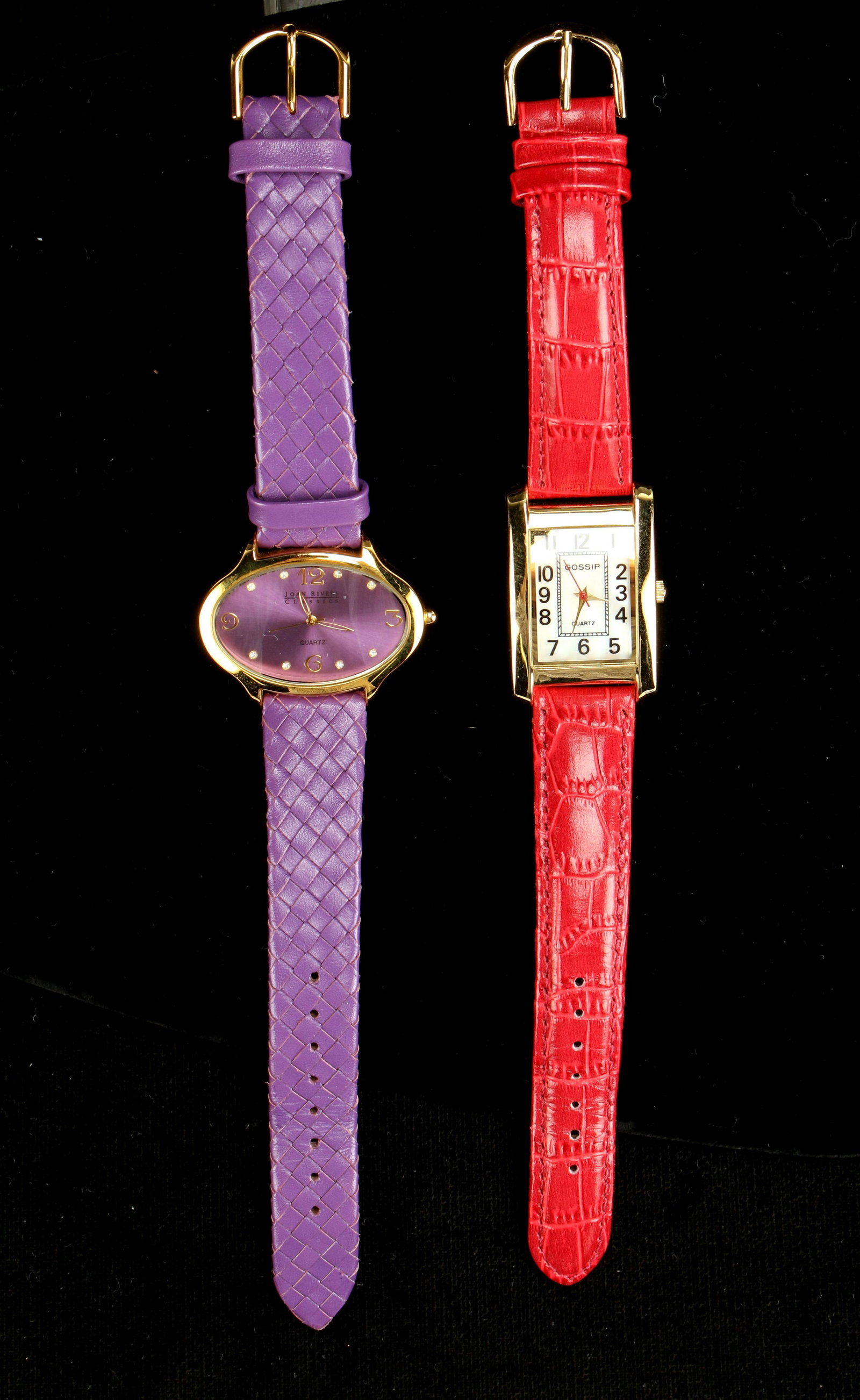 JOAN RIVERS & GOSSIP FASHION WATCHES: JOAN RIVERS & GOSSIP FASHION WATCHES Purple Rivers and red band Gossip. Untested. 8" Shipping: