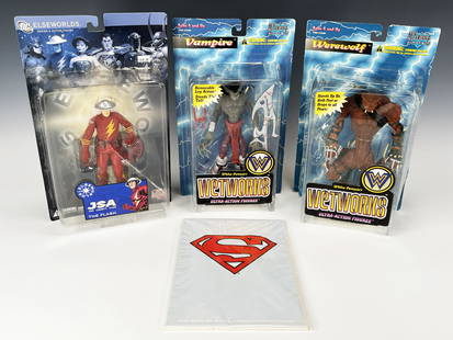 THREE IN BOX ACTION FIGURES AND SUPERMAN 500: THREE IN BOX ACTION FIGURES AND SUPERMAN 500 McFarlane Toys, DC Comics. Werewolf box as damage see photos. 13 1/2&quot; x 8 1/2&quot; x 2 1/2&quot;