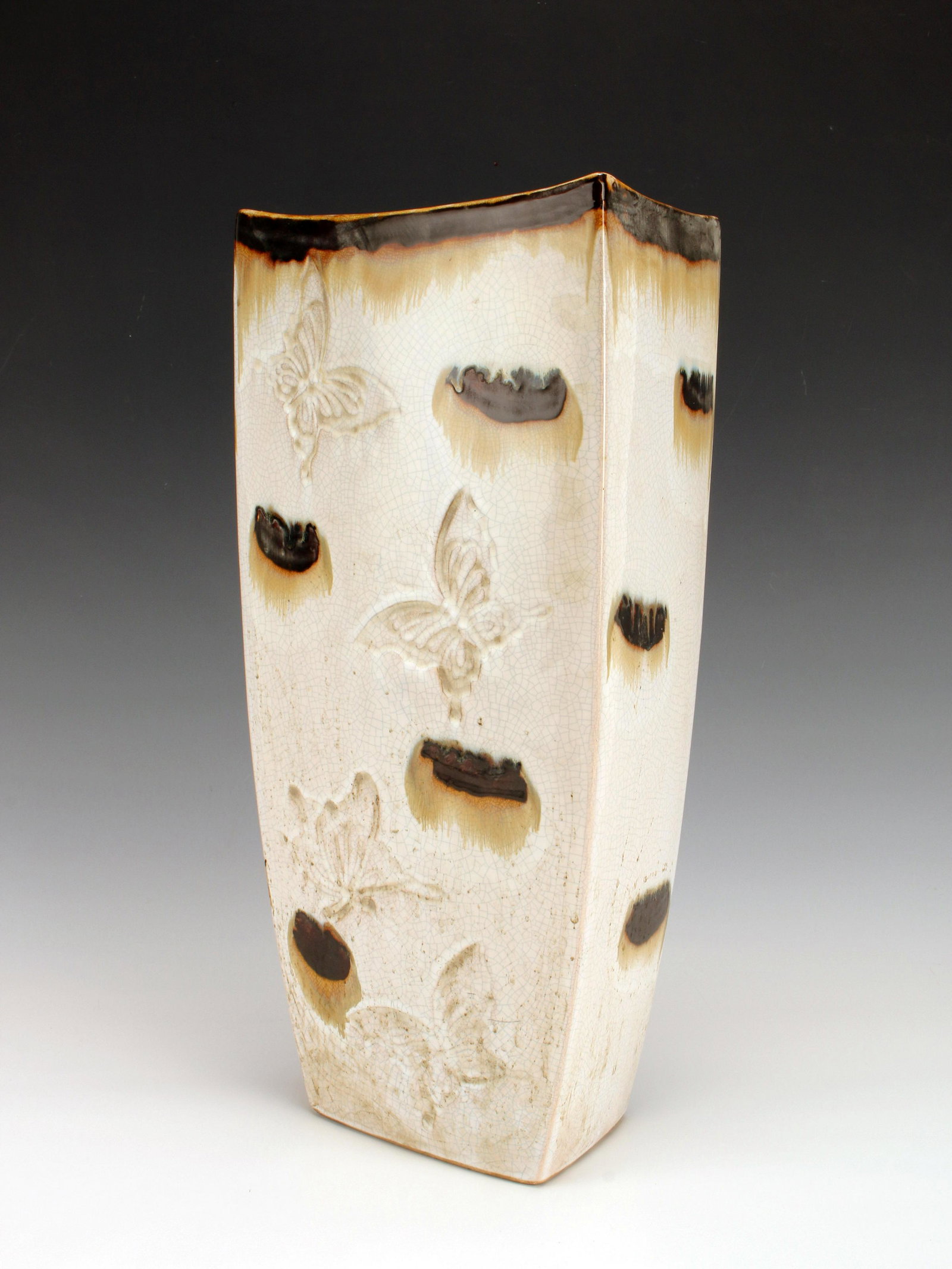 TALL WHITE & BROWN CRACKLE BUTTERFLY VASE (1 of 6)