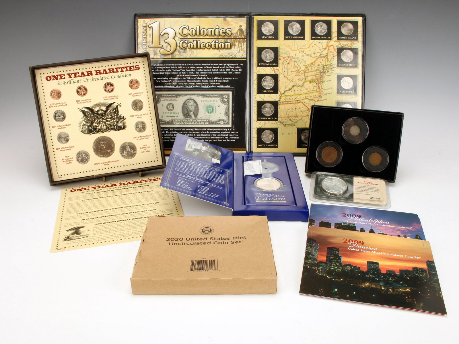 LOT OF COMMEMORATIVE COIN SETS SILVER EAGLE THOMAS EDISON SILVER BULLION COIN (1 of 12)