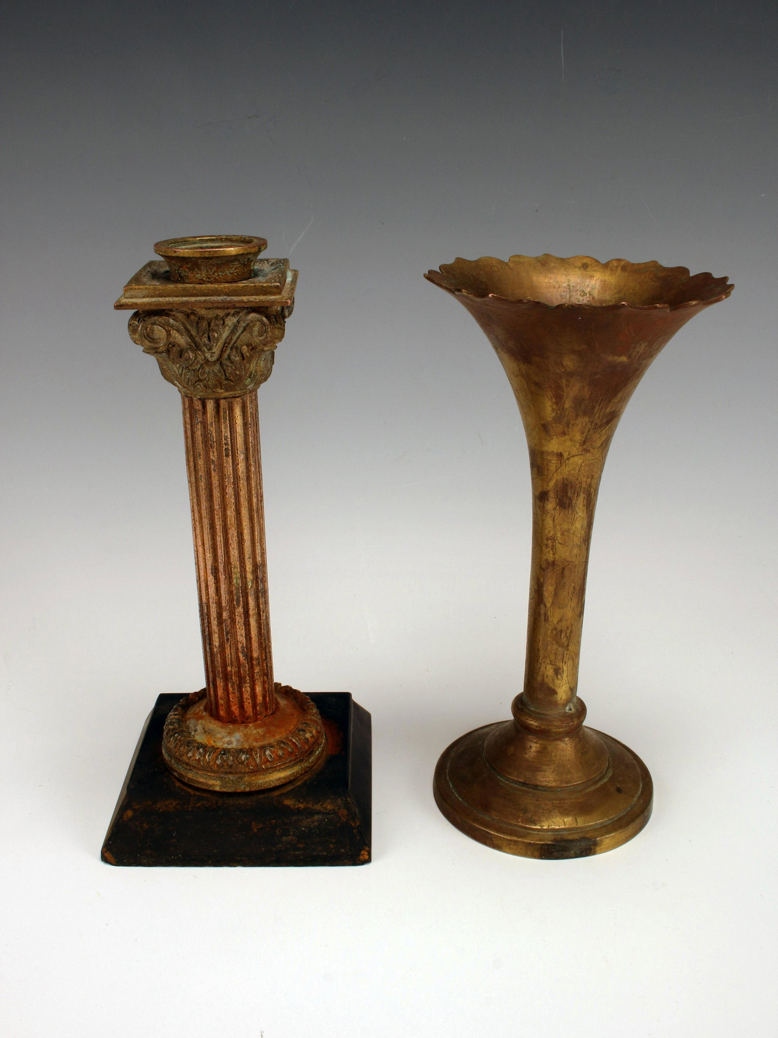BRASS COLUMN CANDLESTICK & TRUMPET BUD VASE (1 of 8)