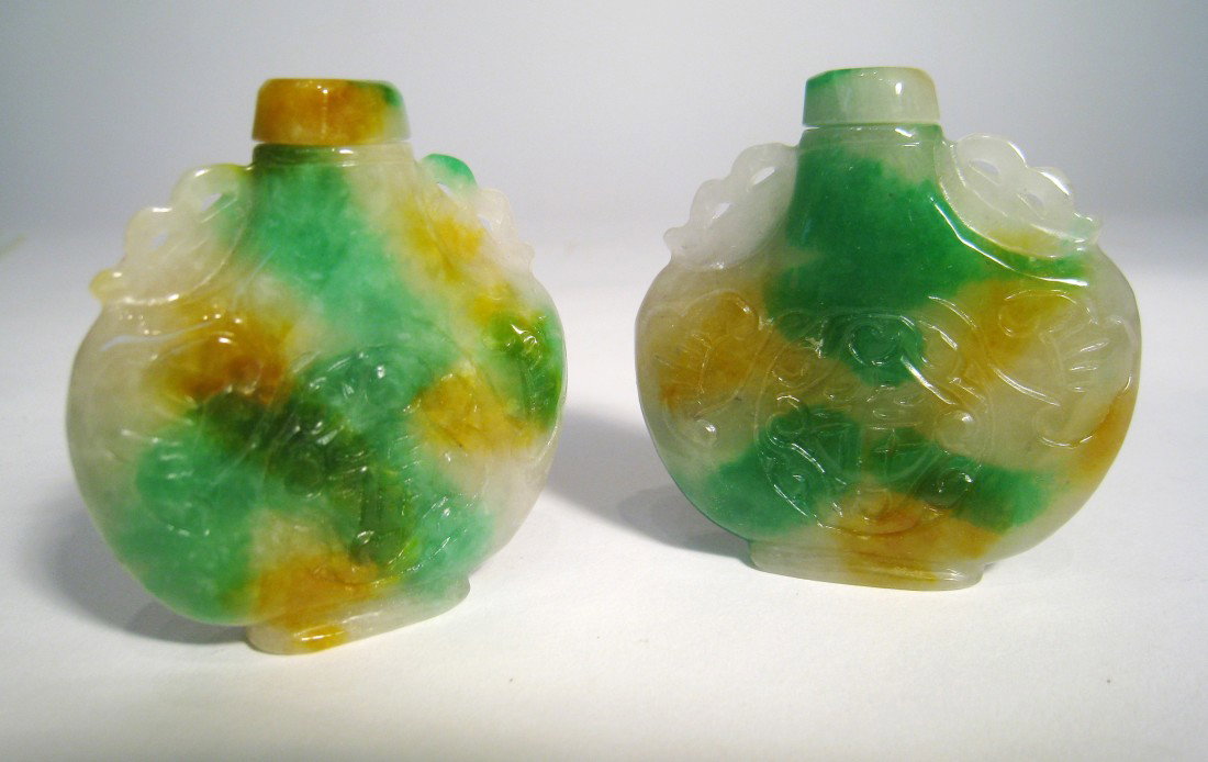 Pair Of Green And Brown Snuff Bottles: 2 1/4" in height.