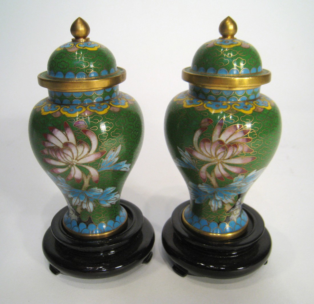 Cloisionne Lidded Green Urns 3" : Each with a ebonized wood stand.