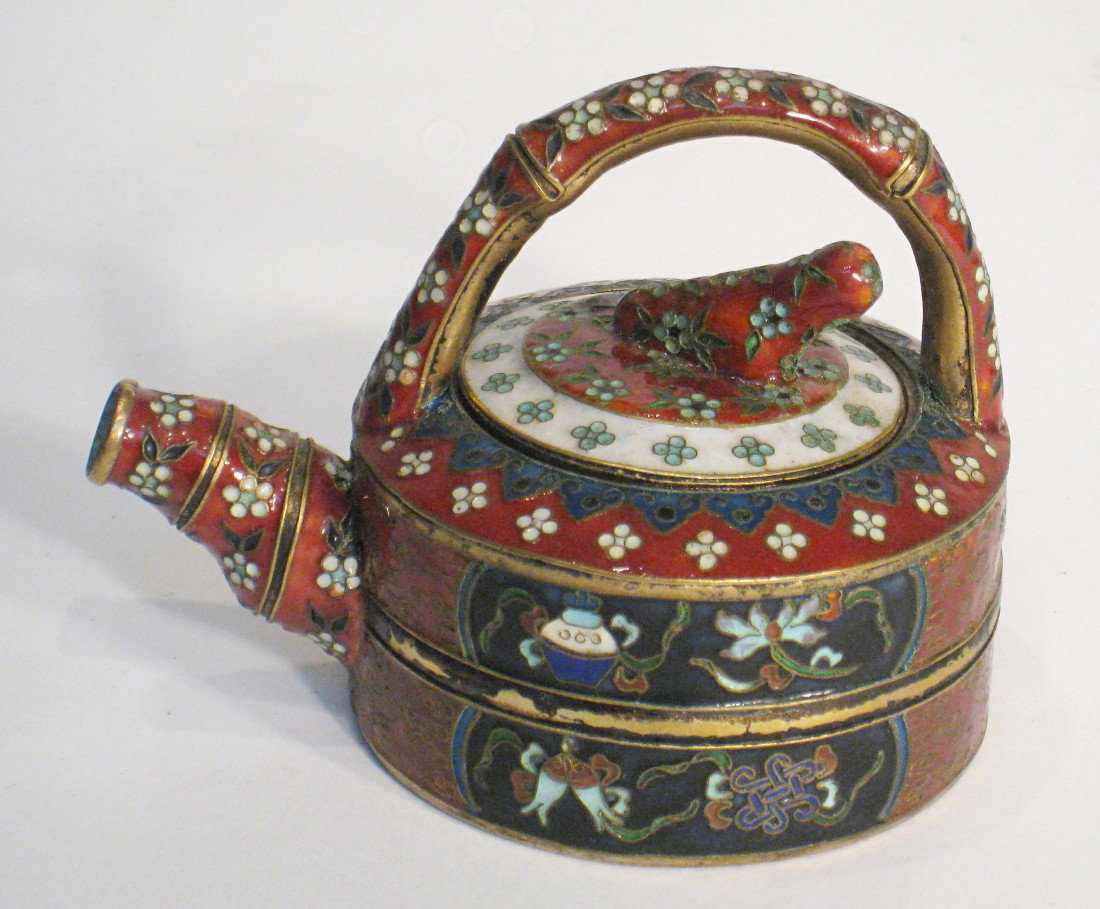 Cloisionne Teapot: A smaller 3" tall tea pot with handle, all in cloisonné.