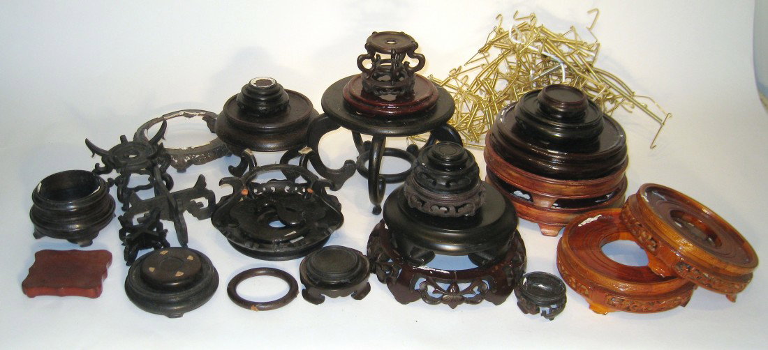 Box Of Stands: Assorted carved wood stands for Oriental porcelain display, etc., as well as numerous wire hangers for plates.